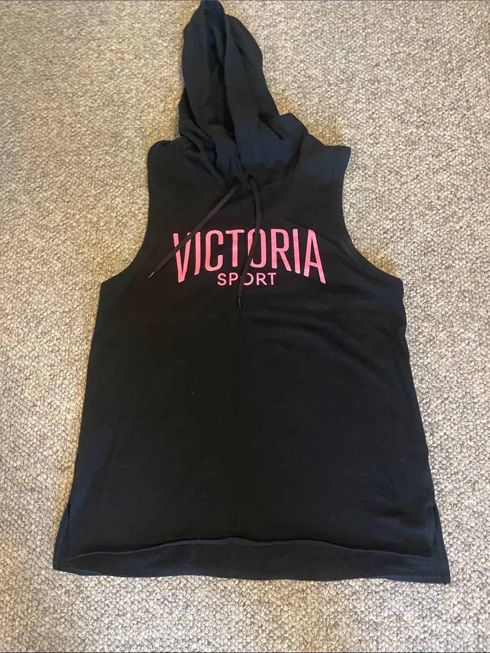 Victoria Sport Black Sleeveless Hooded Muscle Tee with Pink Logo